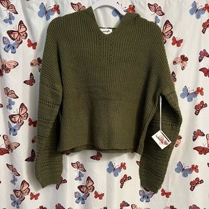 Knit textured sleeve hooded sweater